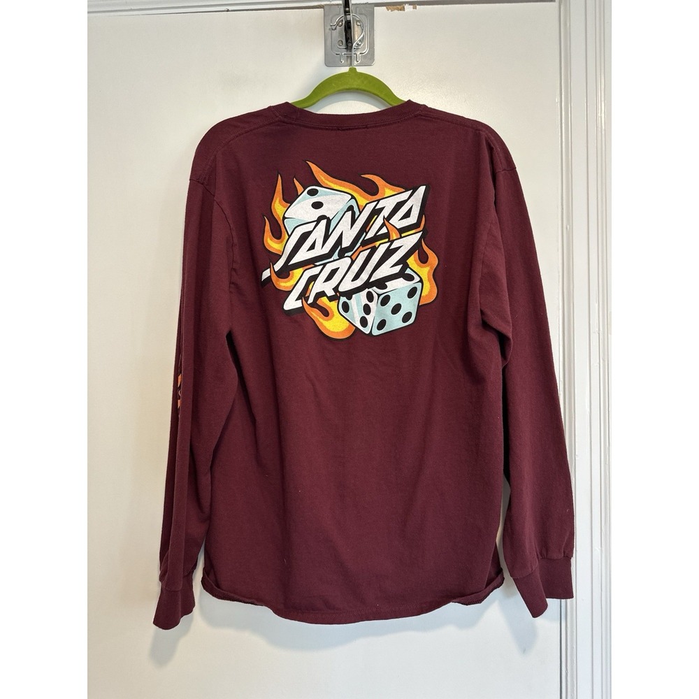 Santa Cruz Y2K Skater Flaming Dice Long Sleeve Tee Sz:L Maroon Streetwear Cotton